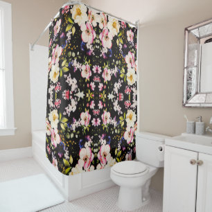Watercolor Pink Yellow Roses Black Background Shower Curtain