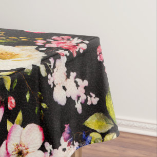 Watercolor Pink Yellow Roses Black Background Tablecloth