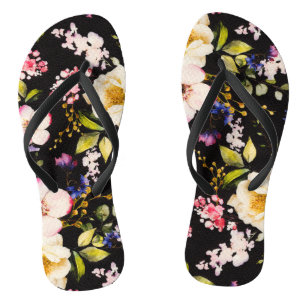 Watercolor Pink Yellow Roses Black Background Thongs