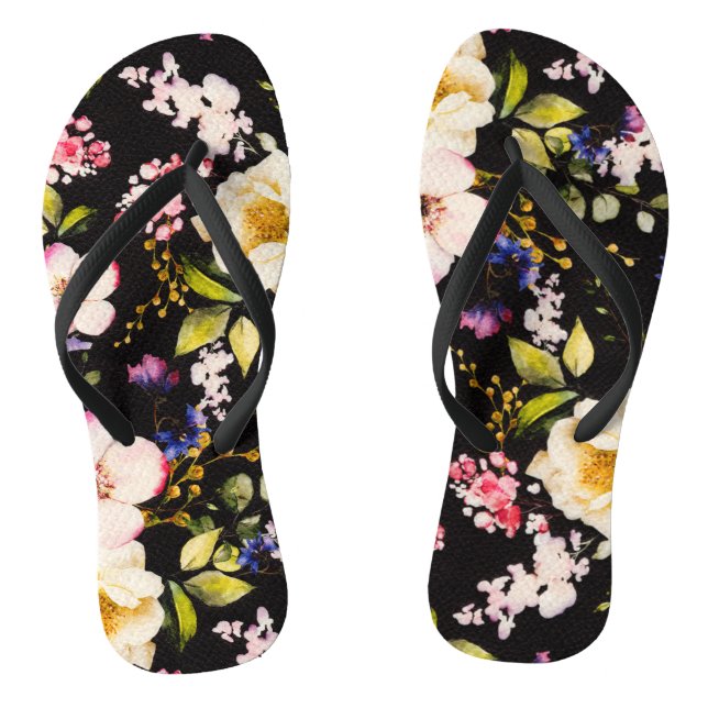 Watercolor Pink Yellow Roses Black Background Thongs (Footbed)