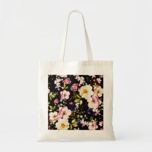 Watercolor Pink Yellow Roses Black Background Tote Bag