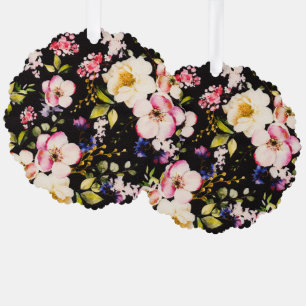 Watercolor Pink Yellow Roses Black Background Tree Decoration Card