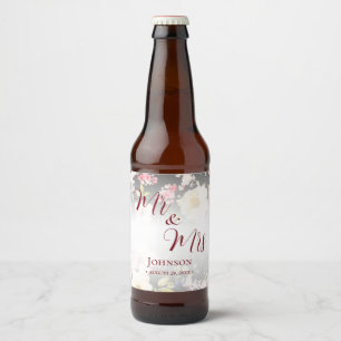 Watercolor Pink Yellow Roses,black blurred,Wedding Beer Bottle Label