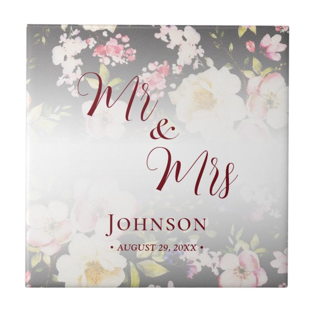 Watercolor Pink Yellow Roses,black blurred,Wedding Ceramic Tile (Front)