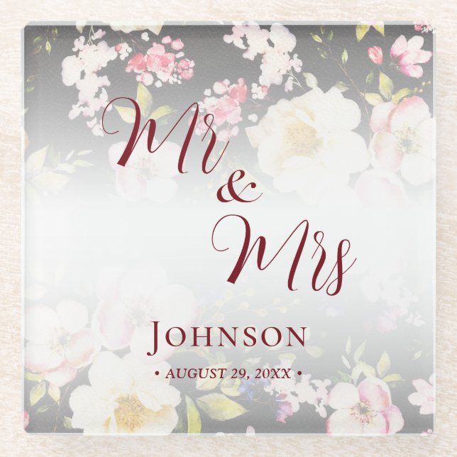 Watercolor Pink Yellow Roses,black blurred,Wedding Glass Coaster (Front)