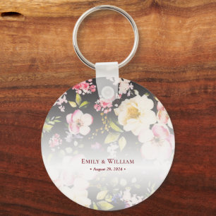 Watercolor Pink Yellow Roses,black blurred,Wedding Key Ring