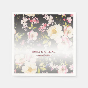 Watercolor Pink Yellow Roses,black blurred,Wedding Napkin