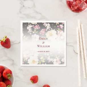 Watercolor Pink Yellow Roses,black blurred,Wedding Napkin