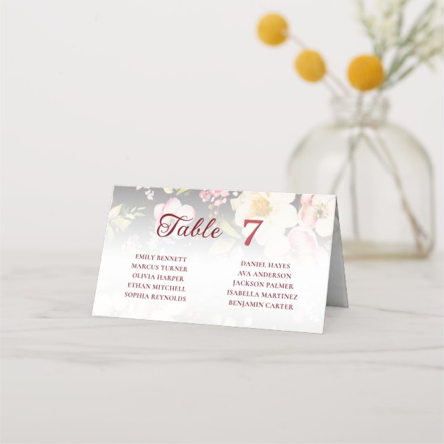 Watercolor Pink Yellow Roses,black blurred,Wedding Place Card (Front)