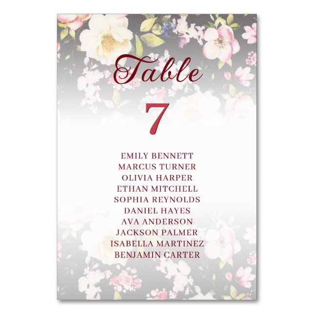 Watercolor Pink Yellow Roses,black blurred,Wedding Table Number (Front)