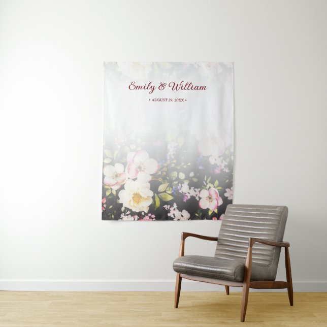Watercolor Pink Yellow Roses,black blurred,Wedding Tapestry (In Situ)