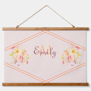 Watercolor Pink Yellow Roses, Lines, Monogram Hanging Tapestry