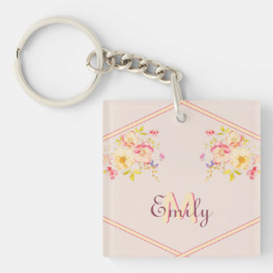 Watercolor Pink Yellow Roses, Lines, Monogram Key Ring