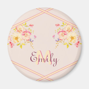 Watercolor Pink Yellow Roses, Lines, Monogram Magnet