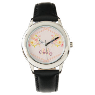 Watercolor Pink Yellow Roses, Lines, Monogram Watch