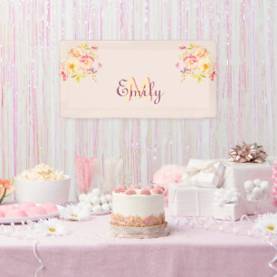 Watercolor Pink Yellow Roses, Monogram Banner
