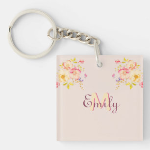 Watercolor Pink Yellow Roses, Monogram Key Ring