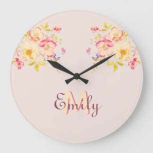 Watercolor Pink Yellow Roses, Monogram Large Clock