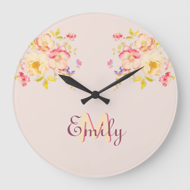 Watercolor Pink Yellow Roses, Monogram Large Clock (Front)