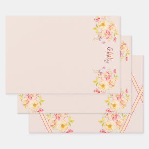 Watercolor Pink Yellow Roses, Monogram Wrapping Paper Sheet