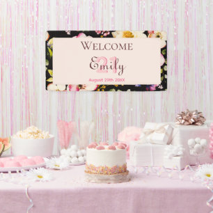 Watercolor Pink & Yellow Roses on Black, Birthday Banner