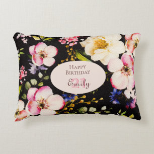 Watercolor Pink & Yellow Roses on Black, Birthday Decorative Cushion