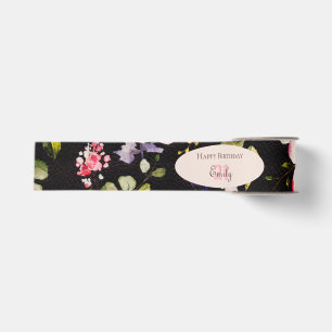 Watercolor Pink & Yellow Roses on Black, Birthday Grosgrain Ribbon