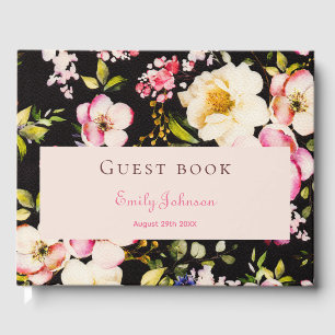 Watercolor Pink & Yellow Roses on Black, Birthday Guest Book