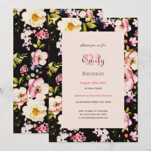 Watercolor Pink & Yellow Roses on Black, Birthday Invitation