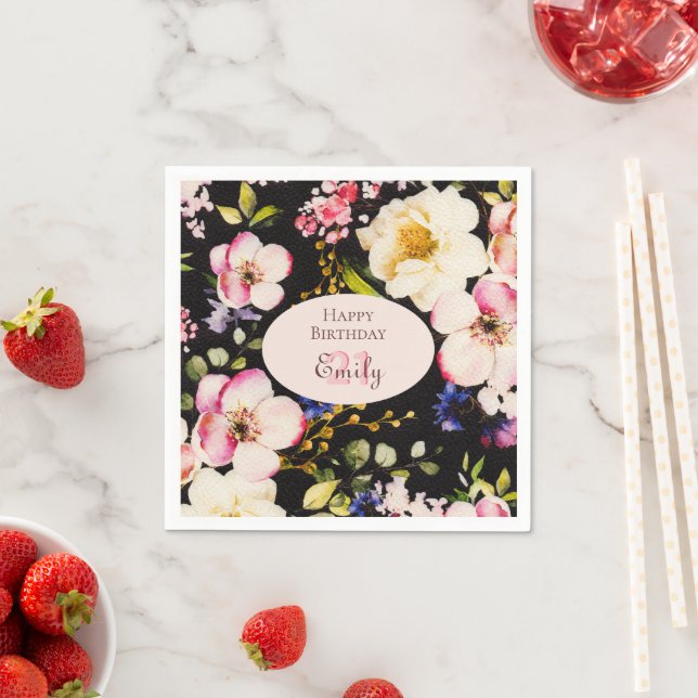 Watercolor Pink & Yellow Roses on Black, Birthday Napkin (Insitu)