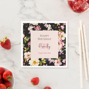 Watercolor Pink & Yellow Roses on Black, Birthday Napkin