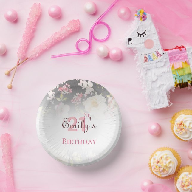 Watercolor Pink & Yellow Roses on Black, Birthday Paper Plate (Party)