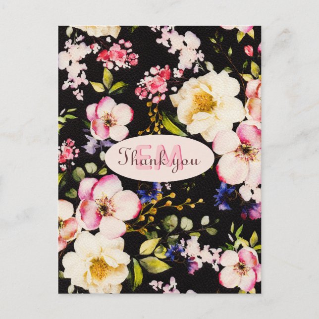 Watercolor Pink & Yellow Roses on Black, Birthday Postcard (Front)