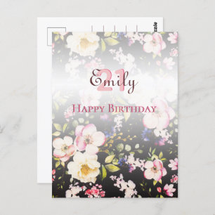 Watercolor Pink & Yellow Roses on Black, Birthday Postcard
