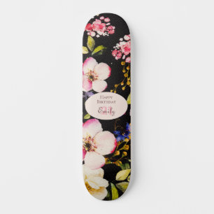 Watercolor Pink & Yellow Roses on Black, Birthday Skateboard