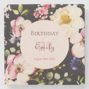 Watercolor Pink & Yellow Roses on Black, Birthday Stone Coaster