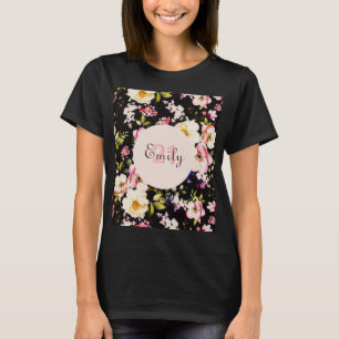 Watercolor Pink & Yellow Roses on Black, Birthday T-Shirt