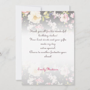 Watercolor Pink & Yellow Roses on Black, Birthday Thank You Card