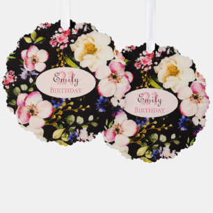 Watercolor Pink & Yellow Roses on Black, Birthday Tree Decoration Card