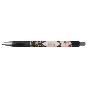 Watercolor Pink Yellow Roses on black, Monogram