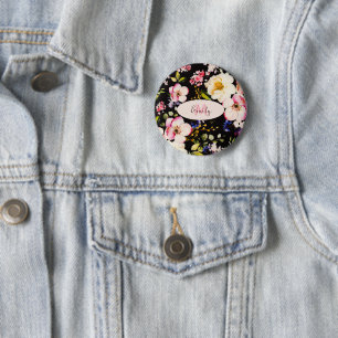 Watercolor Pink Yellow Roses on black, Monogram 6 Cm Round Badge