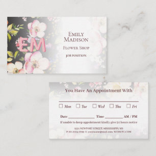 Watercolor Pink Yellow Roses on black, Monogram Appointment Card
