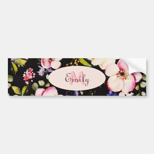 Watercolor Pink Yellow Roses on black, Monogram Bumper Sticker (Front)