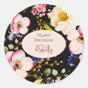 Watercolor Pink Yellow Roses on black, Monogram Classic Round Sticker