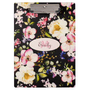 Watercolor Pink Yellow Roses on black, Monogram Clipboard