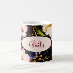 Watercolor Pink Yellow Roses on black, Monogram Coffee Mug
