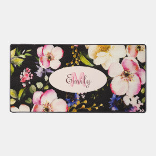 Watercolor Pink Yellow Roses on black, Monogram Desk Mat