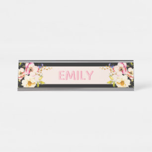 Watercolor Pink Yellow Roses on black, Monogram Desk Name Plate