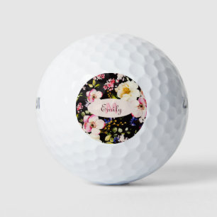 Watercolor Pink Yellow Roses on black, Monogram Golf Balls