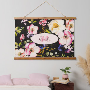 Watercolor Pink Yellow Roses on black, Monogram Hanging Tapestry